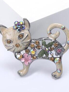 Cloisonne Style Enamel Cat‎ Brooch Pin Flowers Rhinestones